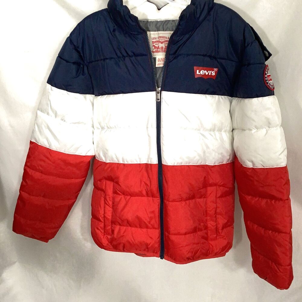 Levis Youth XL Colorblock Puffer Jacket Red White Blue Hooded Coat Warm